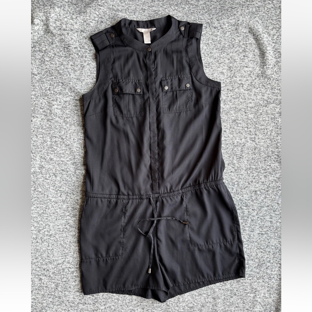 Banana Republic Women’s Black Sheer Utility Drawstring Waist Sleeveless Romper